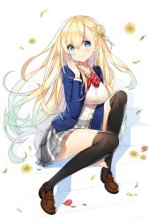 Rule 34 | 1girl, ayami (annahibi), black thighhighs, blazer, blonde hair, blouse, blue eyes, bow, bowtie, breasts, closed mouth, collared shirt, flower, full body, hair between eyes, hair ribbon, highres, holding, holding own hair, jacket, large breasts, leaf, loafers, long hair, looking at viewer, miniskirt, over-kneehighs, plaid, plaid skirt, pleated skirt, pocket, red bow, red bowtie, ribbon, school uniform, shirt, shoes, sitting, skirt, smile, solo, striped bow, striped bowtie, striped clothes, thighhighs, very long hair, white shirt