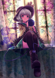 Rule 34 | 1girl, :3, backlighting, black thighhighs, blouse, boots, commentary request, curtains, dutch angle, eyeball, floral print, frills, full body, green eyes, green skirt, hat, heart, heart of string, highres, holding, komeiji koishi, shirt, short hair, silver hair, sitting, skirt, solo, thighhighs, third eye, totolarc, touhou, wide sleeves, yellow shirt