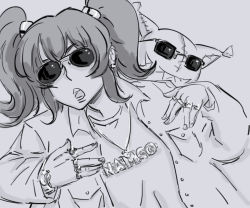 Rule 34 | 00s, 1girl, anise tatlin, bad id, bb (baalbuddy), bling, earrings, greyscale, inactive account, jewelry, long hair, monochrome, necklace, open clothes, open shirt, ring, shirt, stuffed animal, stuffed toy, sunglasses, tales of (series), tales of the abyss, tokunaga (tales), twintails, watch, wristwatch