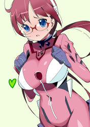 Rule 34 | 00s, 1girl, bad id, bad pixiv id, blue eyes, breasts, cosplay, evangelion: 2.0 you can (not) advance, female focus, glasses, gloves, heart, kawasaki kazuhiko, large breasts, makinami mari illustrious, neon genesis evangelion, plugsuit, plugsuit (cosplay), rebuild of evangelion, red hair, simple background, solo, sweatdrop, twintails
