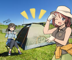 Rule 34 | 2girls, ^^^, artist name, black hair, black pants, blue sky, breasts, brown hair, brown shirt, camping, chougei (kancolle), clothes around waist, commentary request, cup, dated, day, gloves, grey eyes, grey shirt, hair flaps, hair ornament, hairclip, jacket, jacket around waist, jingei (kancolle), kantai collection, kirisawa juuzou, large breasts, long hair, mug, multiple girls, official alternate costume, one eye closed, outdoors, pants, photo background, red eyes, shirt, sitting, sky, sleeveless, sleeveless shirt, tent, white gloves, white headwear