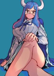 Rule 34 | 1girl, aosora2823, blue background, blue hair, breasts, cape, highres, horns, large breasts, long hair, multicolored hair, neck ribbon, one piece, pink eyes, pink hair, ribbon, shirt, sitting, skirt, solo, striped clothes, striped shirt, thighs, twitter username, ulti (one piece), white shirt