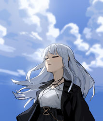 Rule 34 | 1girl, black coat, blue sky, character request, closed eyes, cloud, cloudy sky, coat, expressionless, gogalking, highres, long hair, original, outdoors, shirt, sky, solo, upper body, white hair, white shirt