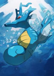 Rule 34 | air bubble, animal focus, blue background, bubble, creatures (company), fins, fish, flippers, from below, game freak, gara (qbeuxvii22), gen 2 pokemon, highres, horns, kingdra, nintendo, no humans, pokemon, pokemon (creature), prehensile tail, red eyes, scales, seahorse, solo, sunlight, tail, underwater