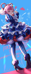 Rule 34 | 1girl, blue background, blue dress, blunt bangs, dress, facial mark, fire emblem, fire emblem engage, from behind, full body, fuujin (windust michio), hair rings, heart, heart facial mark, high heels, highres, hortensia (fire emblem), long sleeves, looking at viewer, looking back, multicolored hair, nintendo, open mouth, pink eyes, pink hair, puffy sleeves, teeth, two-tone hair, upper teeth only, v