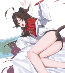 Rule 34 | 1girl, ahoge, black hair, black horns, black shorts, black tail, blue archive, blush, coat, collared shirt, demon horns, demon tail, hair flaps, highres, horns, kasumi (blue archive), lab coat, long hair, mitsutsuka, open mouth, red shirt, shirt, shorts, simple background, sleeves past fingers, sleeves past wrists, smile, solo, tail, white background, white coat, yellow eyes
