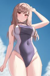 Rule 34 | 1girl, arm at side, black choker, blue sky, breasts, brown hair, choker, closed mouth, cloud, commentary request, competition swimsuit, covered navel, day, from below, goddess of victory: nikke, hand up, highres, long hair, looking at viewer, medium breasts, one-piece swimsuit, outdoors, rapi (classic vacation) (nikke), rapi (nikke), red eyes, sky, solo, standing, swimsuit, wet, xi oshir1
