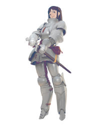 Rule 34 | 1girl, absurdres, armor, armored boots, belt, black hair, boots, brown eyes, couter, facial scar, full body, gauntlets, grin, henu caulfield joo, highres, holding, holding sword, holding weapon, holster, original, pauldrons, plate armor, pouch, scar, scar on cheek, scar on face, scar on forehead, shoulder armor, simple background, smile, solo, standing, sword, weapon, white background
