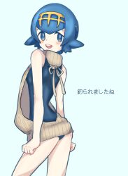 1girl blue_background blue_hair blush circlet cowboy_shot creatures_(company) game_freak japanese_text lana_(pokemon) looking_at_viewer looking_back meme_attire nintendo one-piece_swimsuit open_mouth pokemon pokemon_sm solo swimsuit turtleneck virgin_killer_sweater yellowking_hiro