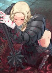 Rule 34 | 1girl, armor, blonde hair, blood, blood on clothes, braid, corpse, forehead, garter straps, highres, holding mace, light smile, long hair, morisaki jiro, one eye closed, original, red eyes, solo, thighhighs, twin braids, white thighhighs