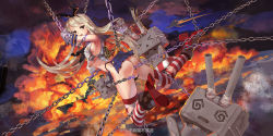 Rule 34 | 1girl, ass, black bow, black hairband, blonde hair, blue skirt, boots, bow, breasts, chain, chinese commentary, commentary request, crop top, elbow gloves, explosion, gloves, hair bow, hairband, high heel boots, high heels, kantai collection, lingxia, long hair, looking at viewer, open mouth, outdoors, rensouhou-chan, school uniform, serafuku, shimakaze (kancolle), ship, skirt, small breasts, striped clothes, striped thighhighs, thighhighs, torn clothes, torn legwear, unworn skirt, very long hair, water, watercraft, watermark, white gloves