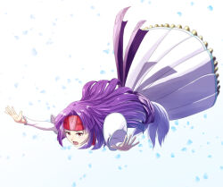 Rule 34 | 1girl, bride, dress, falling, fire emblem, fire emblem: path of radiance, fire emblem: radiant dawn, fire emblem heroes, headband, long hair, looking at viewer, nintendo, official alternate costume, open mouth, outstretched arms, purple hair, red headband, sanaki kirsch altina, sanaki kirsch altina (bridal), sukkirito (rangusan), white dress, yellow eyes