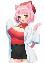 Rule 34 | 1girl, :d, absurdres, animal ears, bell, belt, beret, black belt, black skirt, blush, breasts, cat ears, cat girl, cat tail, cleavage, cleavage cutout, clothing cutout, commission, copyright request, cowboy shot, hat, highres, jingle bell, lab coat, long sleeves, looking at viewer, medium breasts, neck bell, open clothes, open mouth, red hat, red sweater, ribbed sweater, sakura chiyo (konachi000), short hair, simple background, skirt, sleeves past fingers, sleeves past wrists, smile, solo, sweater, tail, turtleneck, turtleneck sweater, virtual youtuber, white background, yellow eyes