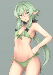 Rule 34 | 10s, 1girl, :o, armpits, bad id, bad pixiv id, bikini, black bow, blush, bow, breasts, commentary request, cowboy shot, elf, flat chest, front-tie bikini top, front-tie top, goblin slayer!, green bikini, green eyes, green hair, grey background, groin, hair between eyes, hair intakes, hand on own hip, head tilt, high elf archer (goblin slayer!), highres, long hair, looking at viewer, low ponytail, mobu, navel, parted lips, pointy ears, ponytail, side-tie bikini bottom, sidelocks, small breasts, solo, standing, swimsuit, v-shaped eyebrows