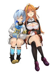 Rule 34 | 2girls, absurdres, ahoge, amane kanata, angel, armband, asymmetrical legwear, black hairband, black jacket, black legwear, blonde hair, blue hair, blue neckwear, blunt bangs, boots, braid, breasts, cleavage, cleavage cutout, closed eyes, clothing cutout, collared shirt, colored inner hair, crossed arms, crossed legs, dragon girl, dragon horns, dress, facing viewer, full body, hair between eyes, hair ornament, hairband, halo, hand on own thigh, highres, hip vent, hololive, horns, invisible chair, jacket, kiryu coco, kiryu coco (1st costume), knees, large breasts, leaning on person, long hair, long sleeves, medium hair, miniskirt, multicolored hair, multiple girls, mwieng, neck ribbon, open mouth, orange hair, pleated skirt, pointy ears, purple footwear, red skirt, ribbon, shirt, side-by-side, side-tie skirt, silver hair, simple background, single braid, single thighhigh, sitting, skirt, sleeping, sleeping on person, sleeping upright, sleeves rolled up, socks, streaked hair, thigh strap, thighhighs, turtleneck, uneven legwear, virtual youtuber, white background, white shirt