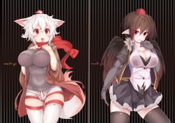 Rule 34 | 2girls, :d, animal ears, black gloves, black hair, black legwear, black wings, blush, breasts, brown hair, cameltoe, cleavage, contemporary, female focus, gloves, hat, highres, inubashiri momiji, karochii, large breasts, looking at viewer, multiple girls, open mouth, pointy ears, red eyes, revision, ribbed sweater, ribbon, scarf, shameimaru aya, short hair, skirt, smile, striped, striped background, sweater, tail, thighhighs, tokin hat, touhou, vertical stripes, white hair, white legwear, wings, wolf ears, wolf tail