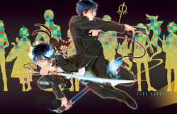 Rule 34 | 2boys, animal, ao no exorcist, blue eyes, blue fire, blue hair, brothers, chain, coat, dual wielding, fire, flame-tipped tail, flaming sword, flaming weapon, glasses, gun, holding, jewelry, katana, long sleeves, multiple boys, multiple tails, necklace, necktie, okumura rin, okumura yukio, overcoat, pointy ears, profile, sheath, siblings, silhouette, striped necktie, striped neckwear, sword, tail, weapon, yooani