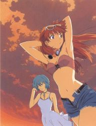 Rule 34 | 2girls, absurdres, armpits, arms behind head, ayanami rei, bandeau, bare shoulders, beach, belt, blue eyes, blue hair, choker, cloud, denim, denim shorts, dress, dutch angle, earphones, evening, eyewear on head, front-tie top, hair ornament, hairclip, headphones, headphones around neck, highres, midriff, multiple girls, neon genesis evangelion, open belt, open clothes, open fly, open shorts, outdoors, red eyes, red hair, scan, scan artifacts, shorts, sky, souryuu asuka langley, strapless, sundress, sunglasses, sushio, tube top, unbuckled, unbuttoned, unzipped, water