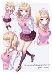 Rule 34 | 1girl, :d, ahoge, akamatsu kaede, beamed eighth notes, beamed sixteenth notes, black socks, blonde hair, blush, border, breasts, brown footwear, closed eyes, closed mouth, collared shirt, commentary request, danganronpa (series), danganronpa v3: killing harmony, eighth note, fortissimo, from side, full body, hair ornament, highres, kneehighs, large breasts, long hair, long sleeves, looking at viewer, miniskirt, multiple views, musical note, musical note hair ornament, nabekokoa, necktie, open mouth, pleated skirt, profile, purple eyes, school uniform, shirt, shoes, skirt, smile, socks, sweater vest, twitter username, upper body, white border, white shirt