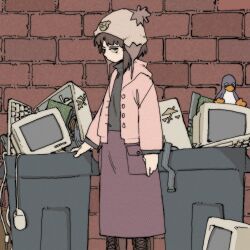 Rule 34 | 1girl, asymmetrical hair, boots, brick wall, brown eyes, brown hair, computer, cross-laced footwear, hat, iwakura lain, jacket, lace-up boots, linux, long skirt, long sleeves, mouse (computer), pantsu-ripper, serial experiments lain, short hair, skirt, solo, trash, trash can, tux