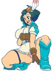 Rule 34 | 1girl, aero (suetsugu haruki), aged up, bad id, bad tumblr id, belt, belt buckle, blush, boots, breasts, buckle, capcom, cowboy boots, dress, feather hair ornament, feathers, frills, gloves, goggles, goggles on head, gonzozeppeli, green hair, hair ornament, hetero, knee boots, large breasts, mega man (series), mega man legends (series), mega man legends 3, native american, no panties, on one knee, open mouth, pussy, short dress, short hair, simple background, smile, solo, thick thighs, thigh strap, thighs, uncensored, white background