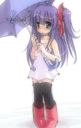 Rule 34 | 1girl, ankle boots, bare shoulders, black thighhighs, blue eyes, blush, boots, collarbone, crusoe, dress, long hair, lowres, nose blush, original, purple dress, purple hair, red footwear, red ribbon, ribbon, side ponytail, simple background, solo, spaghetti strap, standing, thighhighs, umbrella, very long hair, wavy mouth, white background, zettai ryouiki
