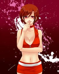 Rule 34 | 1girl, bad id, bad pixiv id, bare shoulders, breasts, brown hair, choker, cleavage, female focus, highres, large breasts, meiko (vocaloid), midriff, navel, nez-doll, red eyes, short hair, skirt, solo, vocaloid, zipper