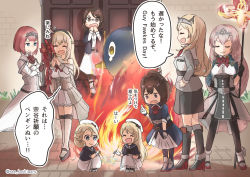 Rule 34 | 6+girls, ane hoshimaru, ark royal (kancolle), blonde hair, bonfire, brown eyes, brown hair, commentary request, commission, door, dress, closed eyes, failure penguin, female admiral (kancolle), food, gloves, janus (kancolle), jervis (kancolle), kantai collection, long hair, military, military uniform, multiple girls, nelson (kancolle), red hair, rocket, sailor dress, sheffield (kancolle), skeb commission, torch, translation request, twitter username, uniform, victorious (kancolle), warspite (kancolle)