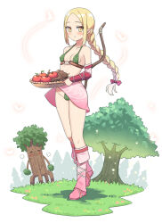 Rule 34 | 1girl, apple, bare shoulders, basket, blush, boots, bow, bow (weapon), braid, covered erect nipples, elf, food, forehead, fruit, grass, groin, hair bow, hatsunatsu, holding, holding basket, knee boots, leaf bikini, long hair, looking at viewer, original, parted bangs, parted lips, pink footwear, pointy ears, red apple, red bow, simple background, single braid, solo focus, stick, tree, very long hair, weapon, weapon on back, white background, yellow eyes