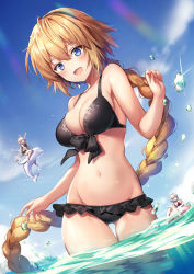 Rule 34 | 3girls, :d, afloat, ahoge, arm up, bare arms, bare shoulders, bikini, black bikini, black ribbon, blonde hair, blue eyes, blue sky, blush, braid, breasts, cleavage, collarbone, commentary request, day, dolphin, dutch angle, eating, fate/grand order, fate (series), food, frilled bikini, frills, front-tie bikini top, front-tie top, gluteal fold, grey hair, groin, hair between eyes, innertube, jeanne d&#039;arc alter (swimsuit berserker) (fate), jeanne d&#039;arc (fate), jeanne d&#039;arc (ruler) (fate), jeanne d&#039;arc (swimsuit archer) (fate), jeanne d&#039;arc (swimsuit archer) (first ascension) (fate), jeanne d&#039;arc alter (fate), jeanne d&#039;arc alter (swimsuit berserker) (fate), jeanne d&#039;arc alter santa lily (fate), large breasts, long hair, looking at viewer, multiple girls, navel, ocean, open mouth, outdoors, popsicle, ribbon, riding, riichu, short hair, single braid, sitting, sky, smile, solo focus, string bikini, swim ring, swimsuit, thigh gap, thighs, very long hair, wading, water, water drop