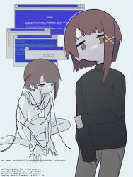 Rule 34 | 1girl, blank stare, blue screen of death, blunt bangs, brown eyes, brown hair, camisole, closed mouth, commentary, dot mouth, english text, hair ornament, highres, iwakura lain, long sleeves, looking at viewer, microsoft windows, multiple views, myomuron, pants, serial experiments lain, short hair, simple background, single sidelock, sleeves past wrists, standing, sweater, x hair ornament