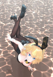 Rule 34 | 1girl, animal ears, ass, bare arms, bare shoulders, bell, black bow, black bowtie, black footwear, black leotard, black pantyhose, blonde hair, blue eyes, bow, bowtie, breasts, closed mouth, commentary, commentary request, commission, detached collar, dot nose, ekibyou, fake animal ears, full body, high heels, highleg, highleg leotard, highres, leg up, leotard, looking at viewer, medium hair, neck bell, original, pantyhose, pixiv commission, playboy bunny, reflection, reflective water, shadow, smile, solo, strapless, strapless leotard, swimming, underwater, wrist cuffs