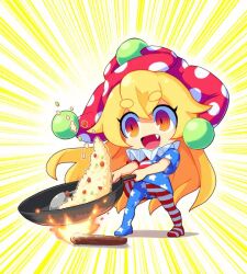 Rule 34 | 1girl, american flag dress, american flag legwear, animated, blonde hair, chibi, clownpiece, cooking, dress, fang, food, frying pan, hair between eyes, hat, jester cap, long hair, motion lines, open mouth, orange eyes, pantyhose, polka dot, prostration, ranka (tonbo), red hat, short sleeves, sidelocks, smile, solo, star (symbol), star print, striped clothes, torch, touhou, very long hair, video