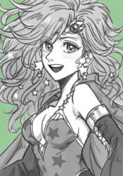 Rule 34 | 1girl, aged up, breasts, detached sleeves, dress, earrings, final fantasy, final fantasy iv, greyscale, hair ornament, jewelry, long hair, looking at viewer, medium breasts, monochrome, open mouth, rydia (ff4), sa kichi, simple background, smile, solo, star (symbol), star earrings