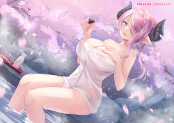 Rule 34 | 1girl, :d, blue eyes, bottle, breasts, bug, butterfly, cherry blossoms, cherry tree, choko (cup), cleavage, covered erect nipples, cup, draph, granblue fantasy, hair over one eye, hair up, hand on own chest, holding, holding cup, horns, insect, large breasts, looking at viewer, naked towel, narmaya (granblue fantasy), onsen, open mouth, partially submerged, patreon username, pink hair, pointy ears, sake bottle, sebu illust, sitting, smile, solo, towel