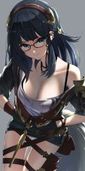 Rule 34 | 1girl, absurdres, aiu eo, black hair, blue eyes, breasts, cleavage, fake tail, glasses, granblue fantasy, grey background, hairband, hands in pockets, highres, illnott (granblue fantasy), long hair, ribbed shirt, shirt, solo, tail