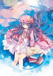 Rule 34 | 1girl, absurdres, bare legs, blue eyes, blue hair, blunt bangs, book, book stack, bow, crescent, crescent pin, dress, hair bow, hair ribbon, hat, highres, long hair, looking at viewer, mob cap, open book, patchouli knowledge, pink hat, red ribbon, ribbon, sidelocks, sitting, soaking feet, solo, touhou, very long hair, water, white dress, zhuxiao517