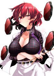Rule 34 | 1girl, arms under breasts, belt, black shirt, blush, breast hold, breasts, breath, cleavage, collarbone, drum, drumsticks, earrings, highres, holding, holding drumsticks, horikawa raiko, instrument, jacket, jewelry, large breasts, looking at viewer, plaid, red eyes, red hair, rihito (usazukin), shirt, short hair, simple background, skirt, smile, solo, steaming body, touhou, upper body, white background, white jacket, white skirt