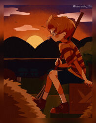 Rule 34 | 1boy, blonde hair, blue eyes, child, from side, haru-cho, highres, holding, lake, looking to the side, lucas (mother 3), mother (game), mother 3, nintendo, shirt, short hair, short sleeves, shorts, sitting, socks, solo, striped clothes, striped shirt, sunset