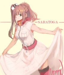 Rule 34 | 10s, 1girl, blue eyes, breast pocket, brown hair, character name, clothes lift, dress, dress lift, from side, hair between eyes, kantai collection, long hair, looking at viewer, pocket, red thighhighs, saratoga (kancolle), side ponytail, signature, simple background, smile, solo, striped clothes, striped dress, thighhighs, towne, vertical-striped clothes, vertical-striped dress, white dress