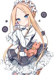 Rule 34 | 1girl, abigail williams (fate), abigail williams (festival outfit) (fate), apron, black skirt, blonde hair, blue eyes, blush, bubble tea, butterfly hair ornament, cup, drinking straw, fate/grand order, fate (series), hair ornament, highres, holding, holding cup, kamu (geeenius), long hair, long sleeves, looking at viewer, maid, maid apron, maid headdress, official alternate costume, parted bangs, skirt, sleeves past fingers, sleeves past wrists, solo, stuffed animal, stuffed toy, teddy bear
