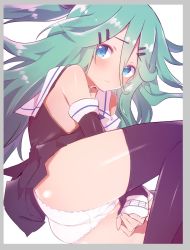 Rule 34 | 1girl, ass, bad id, bad twitter id, between legs, black dress, black thighhighs, blue eyes, blush, caburi, commentary request, detached sleeves, dress, from side, green hair, hair ornament, hairclip, hand between legs, highres, kantai collection, knees up, long hair, looking at viewer, lying, on side, panties, ponytail, short dress, solo, thighhighs, underwear, very long hair, white panties, yamakaze (kancolle)