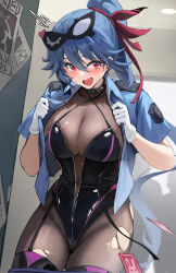 Rule 34 | 1girl, 2others, absurdres, allen m. sumner (azur lane), allen m. sumner (two faces of justice) (azur lane), azur lane, black leotard, black thighhighs, blue hair, blue shirt, bodystocking, breasts, chela77, commentary, eye mask, fang, gloves, hair between eyes, hands up, heart, high ponytail, highres, indoors, large breasts, leotard, long hair, looking at viewer, mask, mask on head, multiple others, open clothes, open mouth, open shirt, red eyes, red ribbon, ribbon, shirt, short sleeves, solo focus, sweat, tearing up, thighhighs, torn clothes, very long hair, white gloves, zipper, zipper pull tab