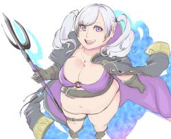 Rule 34 | 1girl, absurdres, belly, belt, breasts, cleavage, fat, fire emblem, fire emblem awakening, highres, jewelry, large breasts, looking at viewer, necklace, nintendo, open mouth, polearm, purple eyes, robin (female) (fire emblem), robin (fire emblem), silver hair, smile, solo, standing, trident, twintails, weapon