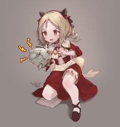 Rule 34 | 1girl, aiming, blonde hair, blush, bow, child, choker, commentary, dress, drill hair, english commentary, fang, frilled choker, frills, full body, grey background, handkerchief, highres, holding, kneeling, long sleeves, looking at another, on one knee, open mouth, orange eyes, original, pantyhose, parted bangs, red dress, red headwear, red ribbon, ribbon, signature, simple background, smile, solo, v-shaped eyebrows, waist bow, wave505, white bow, white pantyhose