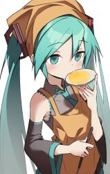 1girl apron aqua_eyes aqua_hair aqua_necktie aqua_trim bare_shoulders black_skirt black_sleeves brown_apron brown_turban collared_shirt commentary detached_sleeves food food_in_mouth grey_shirt hatsune_miku highres holding holding_food holding_ladle holding_plate ladle natoruuuu necktie plate shirt skirt tasting tasting_plate tenugui twintails vocaloid