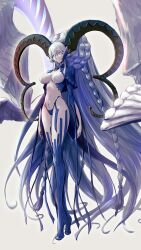 Rule 34 | 152 in can, 1girl, absurdly long hair, absurdres, blue hair, blue panties, blue thighhighs, breasts, closed mouth, commentary request, curled horns, fate/grand order, fate (series), hair between eyes, highleg, highleg swimsuit, highres, horns, large breasts, larva tiamat (third ascension) (fate), long hair, looking down, navel, panties, purple eyes, shrug (clothing), solo, swimsuit, symbol-shaped pupils, thighhighs, tiamat (fate), tiptoes, underwear, very long hair, x-shaped pupils