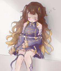 Rule 34 | 1girl, anya melfissa, bare shoulders, brown hair, closed eyes, gradient background, grey background, highres, hololive, hololive indonesia, legs, light blush, multicolored hair, open mouth, shade, shaded face, shironekokfp, sitting, sleeping, sleeping upright, virtual youtuber