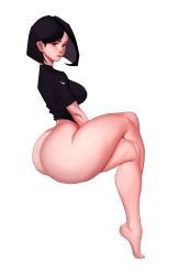 Rule 34 | 1girl, absurdres, ass, black hair, black shirt, bottomless, breasts, curvy, feet, highres, huge ass, large breasts, nike (company), onepen, original, shirt, short hair, short sleeves, sitting, solo, thick thighs, thighs, white background