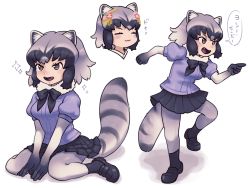 Rule 34 | 1girl, :3, :d, = =, an-chan (ananna0315), animal ear fluff, animal ears, black bow, black bowtie, black footwear, black hair, black skirt, blush stickers, bow, bowtie, brown eyes, commentary, common raccoon (kemono friends), closed eyes, fangs, fur collar, grey hair, hair ornament, highres, kemono friends, looking away, multicolored hair, multiple views, open mouth, pleated skirt, puffy short sleeves, puffy sleeves, raccoon ears, raccoon tail, shoes, short hair, short sleeves, simple background, sitting, skirt, smile, sparkle, tail, translation request, two-tone hair, wariza, white background